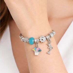 Stainless Steel Cable Charm Bracelet – Blue Bead Dolphin & Celestial Charms